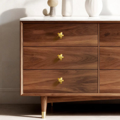 Real Deal Solid Brass Cabinet Knobs Slick Flower Backplate Brushed Gold Finish on wooden dresser drawers
