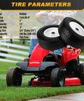 Flat Free Tire And Wheel Set 13x5.00-6 For Riding Lawn Mower, Solid Rubber Tires With Pre Assembled Rims, 2 Pack, shown on mower