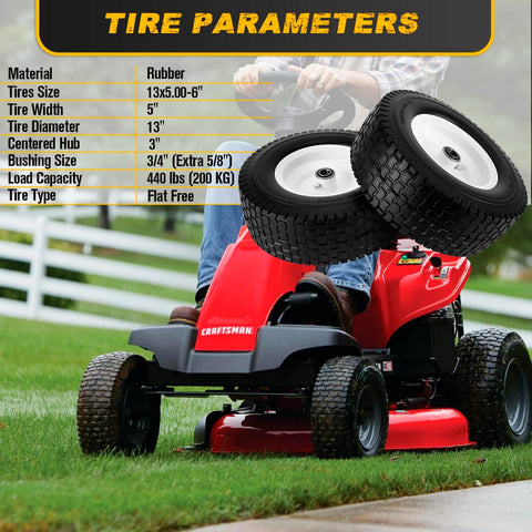 Flat Free Tire And Wheel Set 13x5.00-6 For Riding Lawn Mower, Solid Rubber Tires With Pre Assembled Rims, 2 Pack, shown on mower