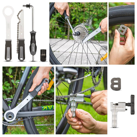 Close-up shots of 36 Piece Bike Tool Kit With Carry Case For Road And Mountain Bikes All In One Bicycle Maintenance Set To Repair Tires Brakes Chains Pedals and Crank Puller DIY Ready, showing tools in use on a bike wheel.