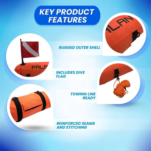 Durable Nylon Torpedo Float For Scuba Diving And Spearfishing With Orange Dive Flag Included 16 By 8 Inches 420D Outer Cover
