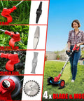 Woman using Cordless Weed Wacker With Dual 21V Batteries Wheel 15 Blades 3-In-1 Stringless Trimmer Edger Brush Cutter