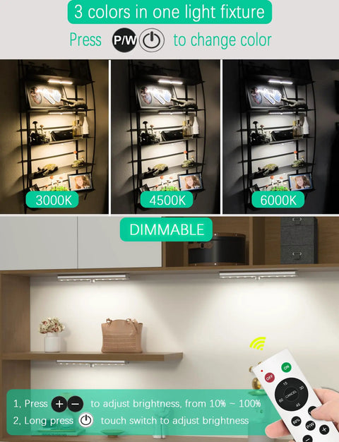 Under Cabinet Lighting Kit With Remote And Touch Switch No Fuss 20 LED USB Rechargeable Dimmable Lights With Timer Three Color Options display