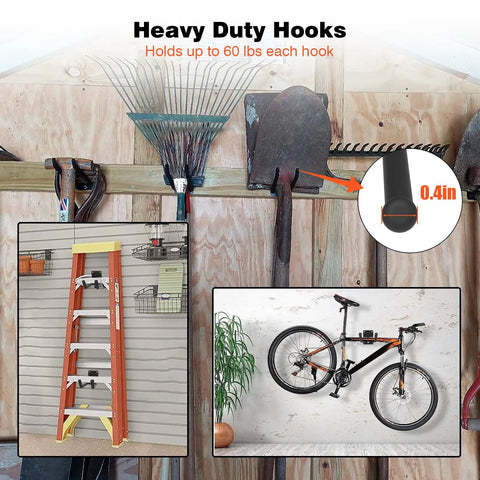 Heavy Duty Wall Mounted Garage Storage System With A 48 Inch Adjustable Rack And Snap On Hooks, gardening tools and bicycle organized