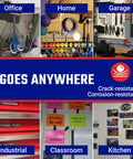 Collage of various home and industrial spaces using Roll N Cut Flexible Magnetic Tape Refill With Crazy Sticky Adhesive Backing