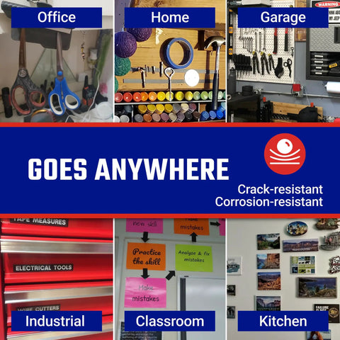 Collage of various home and industrial spaces using Roll N Cut Flexible Magnetic Tape Refill With Crazy Sticky Adhesive Backing