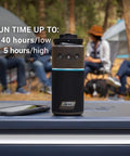 OneSource Rechargeable Camping Gear Set With Camp Shower Cordless Vacuum Portable Fan Bluetooth Speaker And Air Pump Powered By A Single Battery System For All Day Power On The Go displayed on a camping table with smartphone.