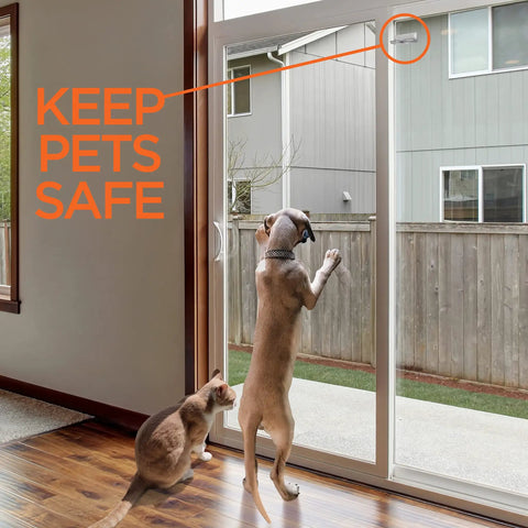 Foolproof Sliding Door And Window Locks Two Pack Toddlers and pets safe catch with adhesive shown on glass door.