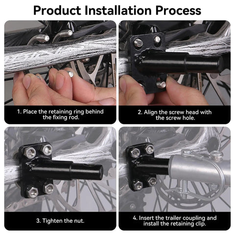 Installation process of Universal Bike Trailer Hitch Coupler Attachment for kids and pets gear on a bicycle frame.
