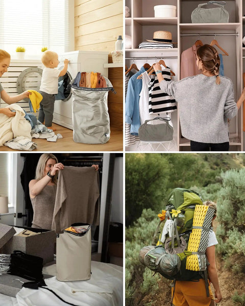 Pump Free Vacuum Compression Travel Laundry Bag for suitcases in use at home, closet, room, and outdoors, grey color.