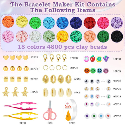 5300 Clay Beads Bracelet Making Kit For Kids Ages 8 To 12 With 500 Charms And Alphabet Beads A To Z Plus Vowels Ideal For Arts And Crafts Easter Toys Birthday Party Activities showing 18 colorful beads, charms, and accessories.