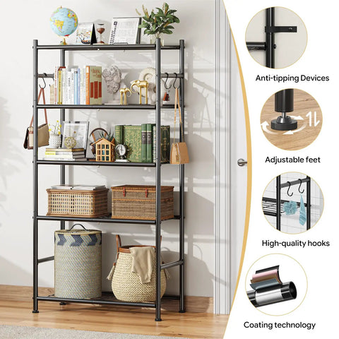 Rock Solid 5 Tier Metal Storage Shelf Heavy Duty Vertical Shelving Unit With Hooks 33.5 Inch Wide Anti Rust Finish Holds 1000 Lbs Built Tough For Garage Closet And Bedroom Total Organization Game Changer