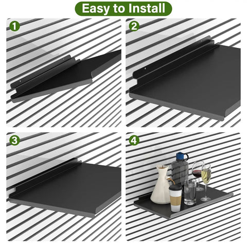 Installation steps of Four Pack 17 By 10 Inch Metal Slatwall Shelves For Garage Or Shop Display, Rust Resistant Black Finish, Heavy Duty Wall Mounted Storage And Organization Accessories