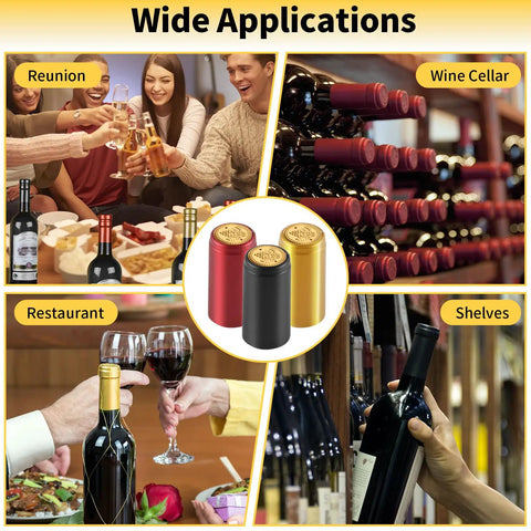 Premium Pvc Heat Shrink Wine Bottle Caps 120 Pieces Assorted Pack in a collage for different applications like restaurants and reunions.