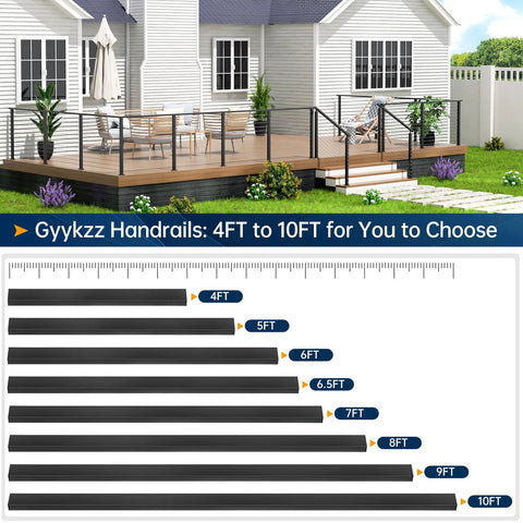 Straight Up Premium Stainless Steel Black Handrail for Modern Deck Cable Railing System showing available sizes 4FT to 10FT