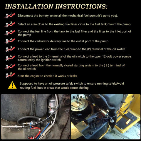 Installation instructions for Universal 12V Inline Fuel Pump Low Pressure 5 To 9 PSI For Gas And Diesel Engines
