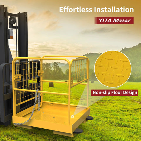 YITAMOTOR forklift safety cage, 36x36, yellow, 1200 lb capacity, installed on forklift.