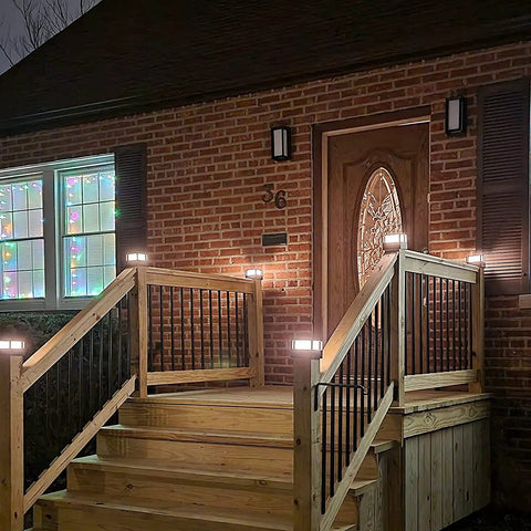 Front porch with 4 Pack Solar Post Cap Lights For 4x4 5x5 6x6 Fence Posts, 20 Lumen Warm White Waterproof LED Landscape Lighting