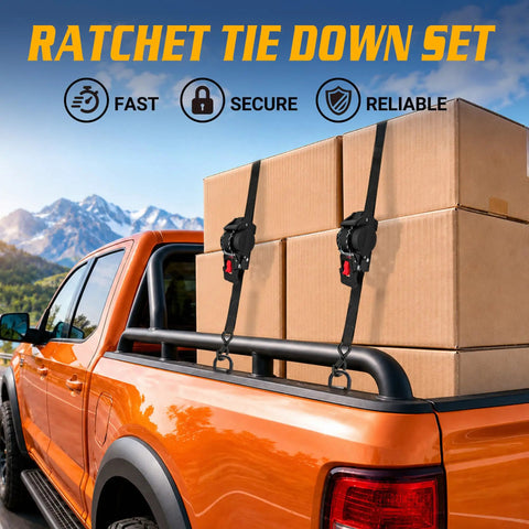 Tough Built Retractable Ratchet Straps For Heavy Duty Cargo Hauling Auto Retract Tie Downs One Inch By Eighteen Hundred Pound Break Strength Easy Pull And Go Hassle Free Storage Keeps Your Rig Locked And Loaded