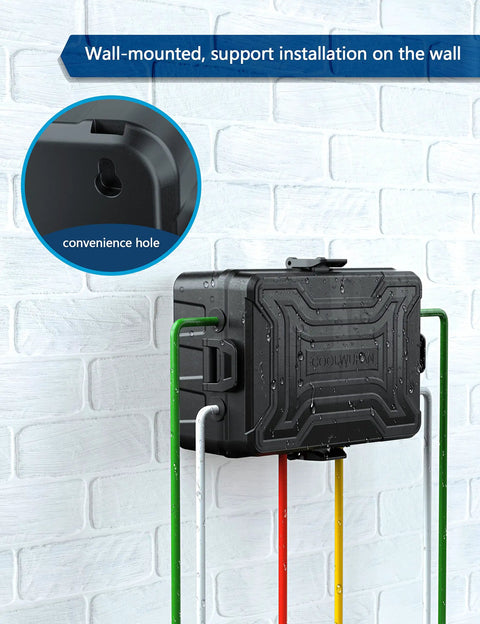 Wall-mounted outdoor weatherproof electrical box with 3 way cord connection cover and six entry ports keeps cables neat and safe
