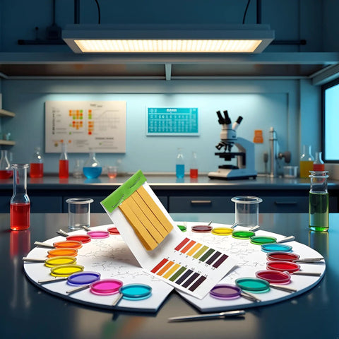 Laboratory setup with pH Test Strips Kit 1 To 14 With Storage Case for water, soil, urine, saliva testing, surrounded by petri dishes.