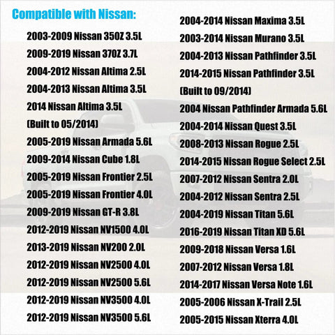 Compatibility list for Mass Air Flow Sensor MAF 22680-7S000 Drop In Replacement with Nissan vehicles, showing supported models and years.