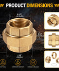Top Shelf One Point Five Inch Brass Pipe Unions For 125 Psi Loads With Female Threads showing dimensions 1.5 inch bore.