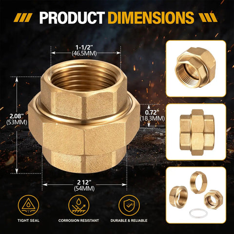 Top Shelf One Point Five Inch Brass Pipe Unions For 125 Psi Loads With Female Threads showing dimensions 1.5 inch bore.