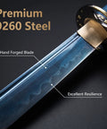 Close-up of Beast Mode Spring Steel Katana Hand Forged Plum Blossom Samurai Sword blade showing resilience and forging details.
