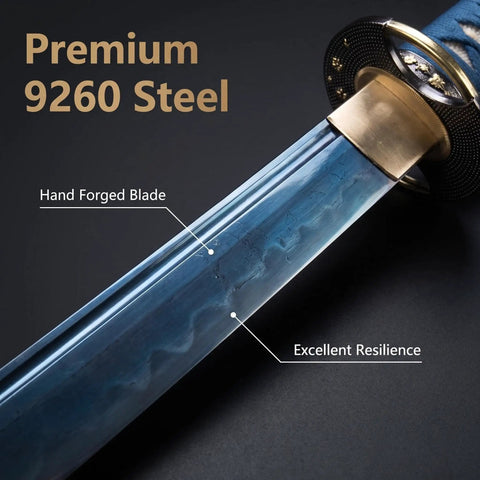 Close-up of Beast Mode Spring Steel Katana Hand Forged Plum Blossom Samurai Sword blade showing resilience and forging details.