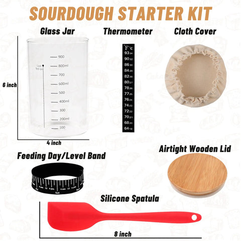 Complete Sourdough Starter Jar Kit 35 Oz Large Glass Jar With Date Marked Feeding Band, Thermometer, Spatula, Cloth Cover