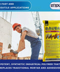 Instant Polymer Cement Ready To Use For Concrete Repair And Mortar Alternatives Crack And Brick Repair Stone And Tile Fix Fast Setting Durable And Easy To Mix And Store 2kg shown with bag and bricklaying worker.