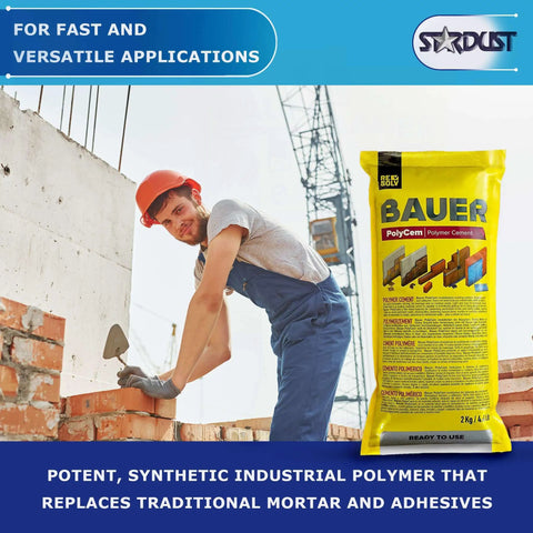 Instant Polymer Cement Ready To Use For Concrete Repair And Mortar Alternatives Crack And Brick Repair Stone And Tile Fix Fast Setting Durable And Easy To Mix And Store 2kg shown with bag and bricklaying worker.