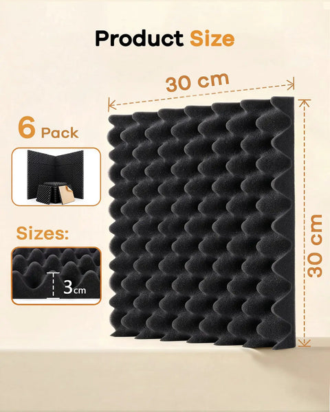 Level Up Your Home Setup With Upgraded Egg Crate Soundproofing Foam For Walls 6 Pack Self Adhesive Acoustic Panels 30 cm by 30 cm size.