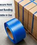 Heavy Duty Blue Polypropylene Strapping Roll 1/2 By 3300 Feet Hella Tough Industrial Pallet Banding Strap No Sweat Weather Proof Packaging Bundle Wrapping on boxes.
