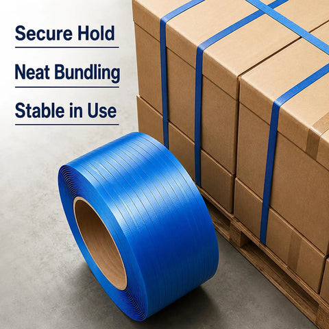 Heavy Duty Blue Polypropylene Strapping Roll 1/2 By 3300 Feet Hella Tough Industrial Pallet Banding Strap No Sweat Weather Proof Packaging Bundle Wrapping on boxes.