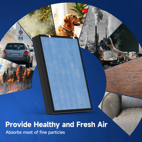 Replacement Filter Set for HSP002 Air Cleaner Purifier 2.0 showing filter with pollution sources and clean air panel