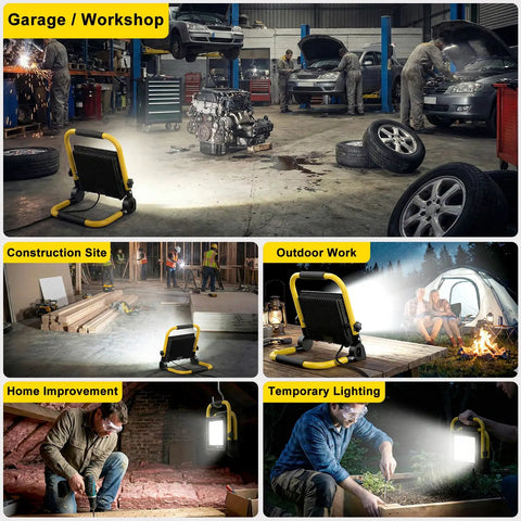 Ultra Bright 10000 Lumen Portable Work Light With Stand, 72 COB LEDs, 6500K Daylight, IP66 Waterproof used in various settings