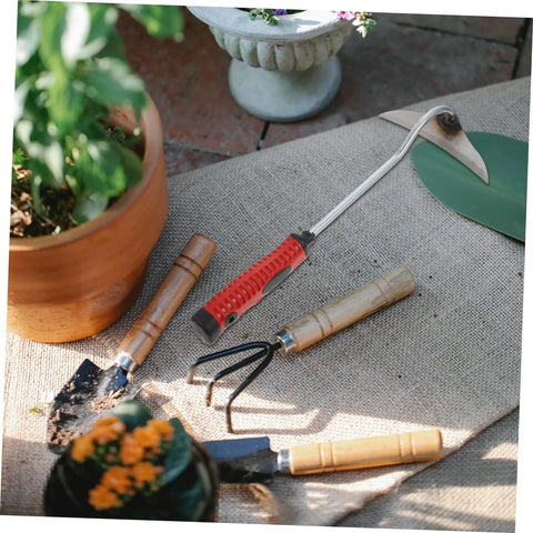 Lightweight Garden Hand Hoe Weeding Tool With Non Slip Handle for easy weeding next to gardening tools on a burlap mat