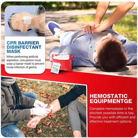 First aid kit, red 107-piece compact pouch with CPR mask and supplies outdoors