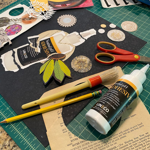 Neutral pH All Purpose Glue For Book Binding And Crafts, 8 Oz, Acid Free Adhesive with craft tools and paper cutouts.