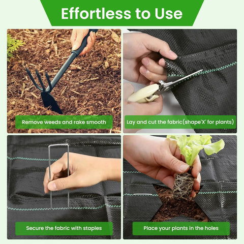 Instructions for using Heavy Duty Weed Barrier Fabric 6x300ft Landscape Material 3.2oz Woven Geotextile For High Permeability Ground Cover Keeps Weeds Down On Driveways And Gardens With 20 U Securing Pegs.