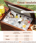 54 Quart Rolling Cooler Cart With Pine Wood Frame, Fold Down Trays, Drainage Plug, And 3 Layer Insulation, open with drinks.