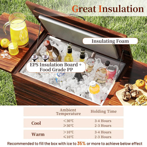 54 Quart Rolling Cooler Cart With Pine Wood Frame, Fold Down Trays, Drainage Plug, And 3 Layer Insulation, open with drinks.