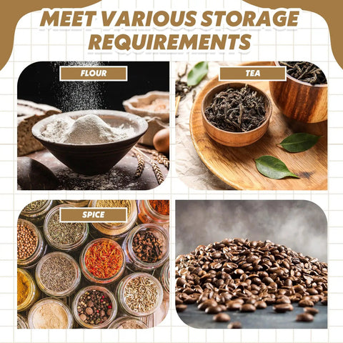 Stack It High With Heavy Duty 304 Stainless Steel Airtight Canisters 3 Pack featuring flour, tea, spices and coffee storage.
