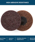 Benchmark Abrasives 3-inch nylon surface conditioning sanding discs; quick-change, two purple and brown discs shown