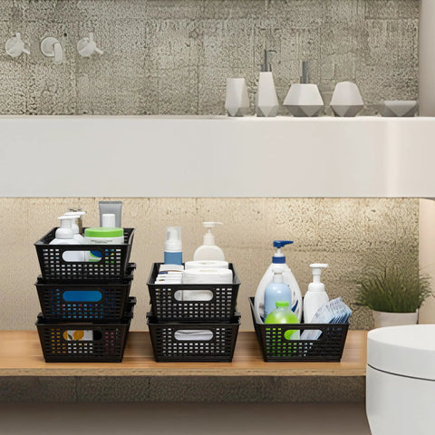 Stackable Woven Plastic Storage Baskets 6 Pack For Cabinet Closet Shelf Under Sink Countertop Pantry Organizer Bins with toiletries.