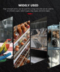 Four images showing wire cages used for birds, chickens, rabbits, and dogs, highlighting the versatility of the 1200 Piece Wire Cage Clips Set With 2 Pliers For Bird Chicken Rabbit Quail Cages J Clips Buckle Clips Hog Ring Pliers Snap Ring Pliers For Fast Easy Cage Assembly.