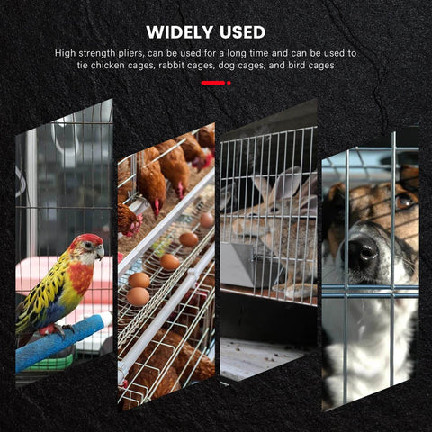Four images showing wire cages used for birds, chickens, rabbits, and dogs, highlighting the versatility of the 1200 Piece Wire Cage Clips Set With 2 Pliers For Bird Chicken Rabbit Quail Cages J Clips Buckle Clips Hog Ring Pliers Snap Ring Pliers For Fast Easy Cage Assembly.