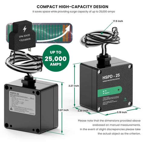 Ultimate Home Surge Guard Type 1 SPD Whole House Surge Protector for 120 and 240V AC, compact design, shown with dimensions.